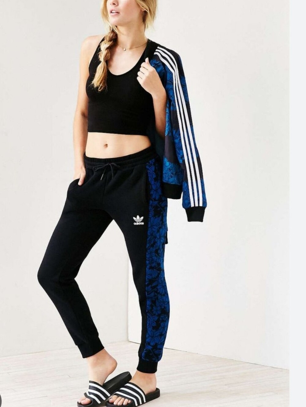 Adidas Originals Black Joggers with Blue Floral Side Panel